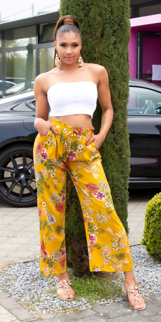 Trendy casual zomer broek met bloemen-print mosterdgeel